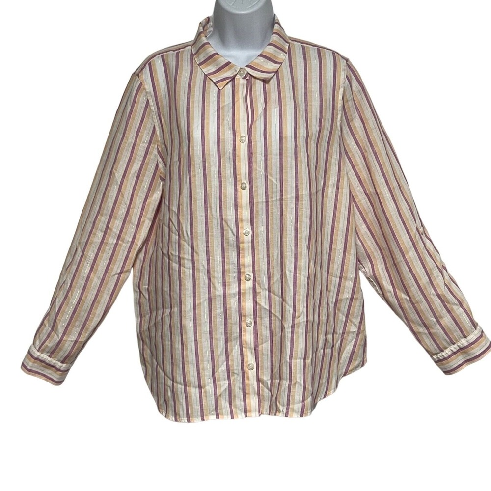 CHICO'S  100% Linen‎ No Iron Shirt Button Up Roll Sleeves Womens Size 2 US 12-14